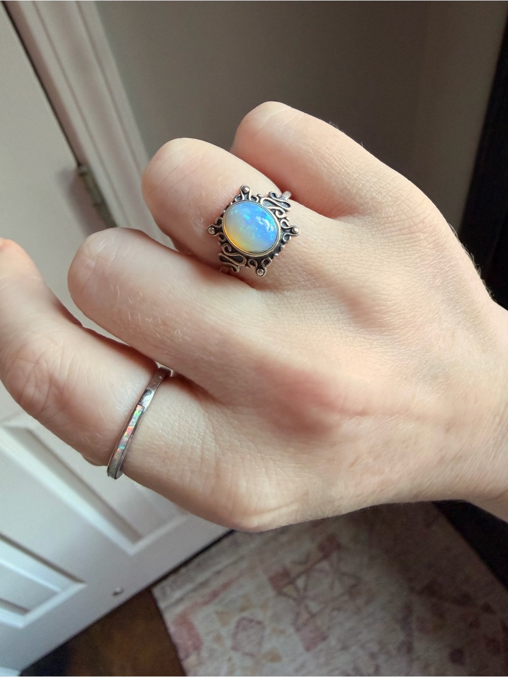 Silver Opal Cabochon Statement Ring - Iridescent Blue adjustable